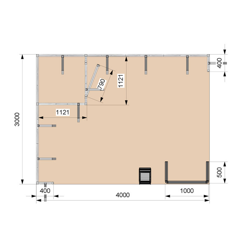 Stand 4x3 - 2 lati aperti con magazzino - top view