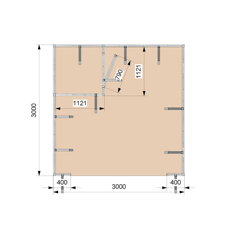 Stand 3x3 - 1 lato aperto con magazzino - top view