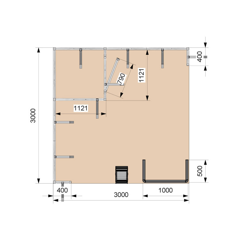 Stand 3x3 - 2 lati aperti con magazzino - top view